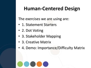 Human-Centered Design
The exercises we are using are:
• 1. Statement Starters
• 2. Dot Voting
• 3. Stakeholder Mapping
• 3. Creative Matrix
• 4. Demo: Importance/Difficulty Matrix
 