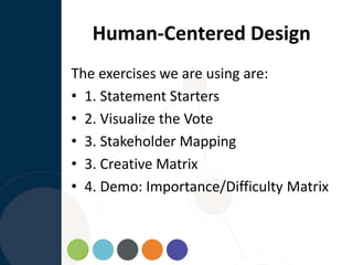 Human-Centered Design
The exercises we are using are:
• 1. Statement Starters
• 2. Visualize the Vote
• 3. Stakeholder Mapping
• 3. Creative Matrix
• 4. Demo: Importance/Difficulty Matrix
 