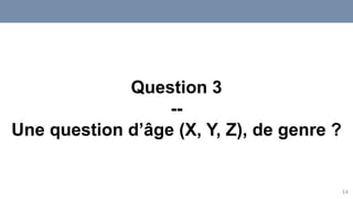 14
Question 3
--
Une question d’âge (X, Y, Z), de genre ?
 