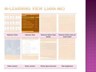 Halaman Home    Halaman Nilai    Halaman Daftar Mata    Halaman Daftar bab per
                                       Kuliah                mata kuliah




Video content   Static content   Online Quiz and exam      Task Assignment
 
