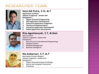 Seno Adi Putra, S.Si, M.T
Application Architect
Jabatan Fungsional : Asisten Ahli
Kompetensi :
1. Object Oriented Programming
2. Web Application Development
3. Enterprise Application Integration
4. Testing and Implementation
5. Enterprise Application Development
6. Mobile Application Development

Riza Agustiansyah, S.T, M.Kom
Data Architect
Jabatan fungsional : Asisten Ahli
Kompetensi :
1. Data Structure and Advanced Programming
2. Database System
3. Database Management
4. Business Intelligence



Nia Ambarsari, S.T, M.T
Multimedia Content Designer
Jabatan fungsional : Asisten Ahli
Kompetensi :
1. Object Oriented Analysis and Design
2. Human and Computer Interaction
3. E-Business
 