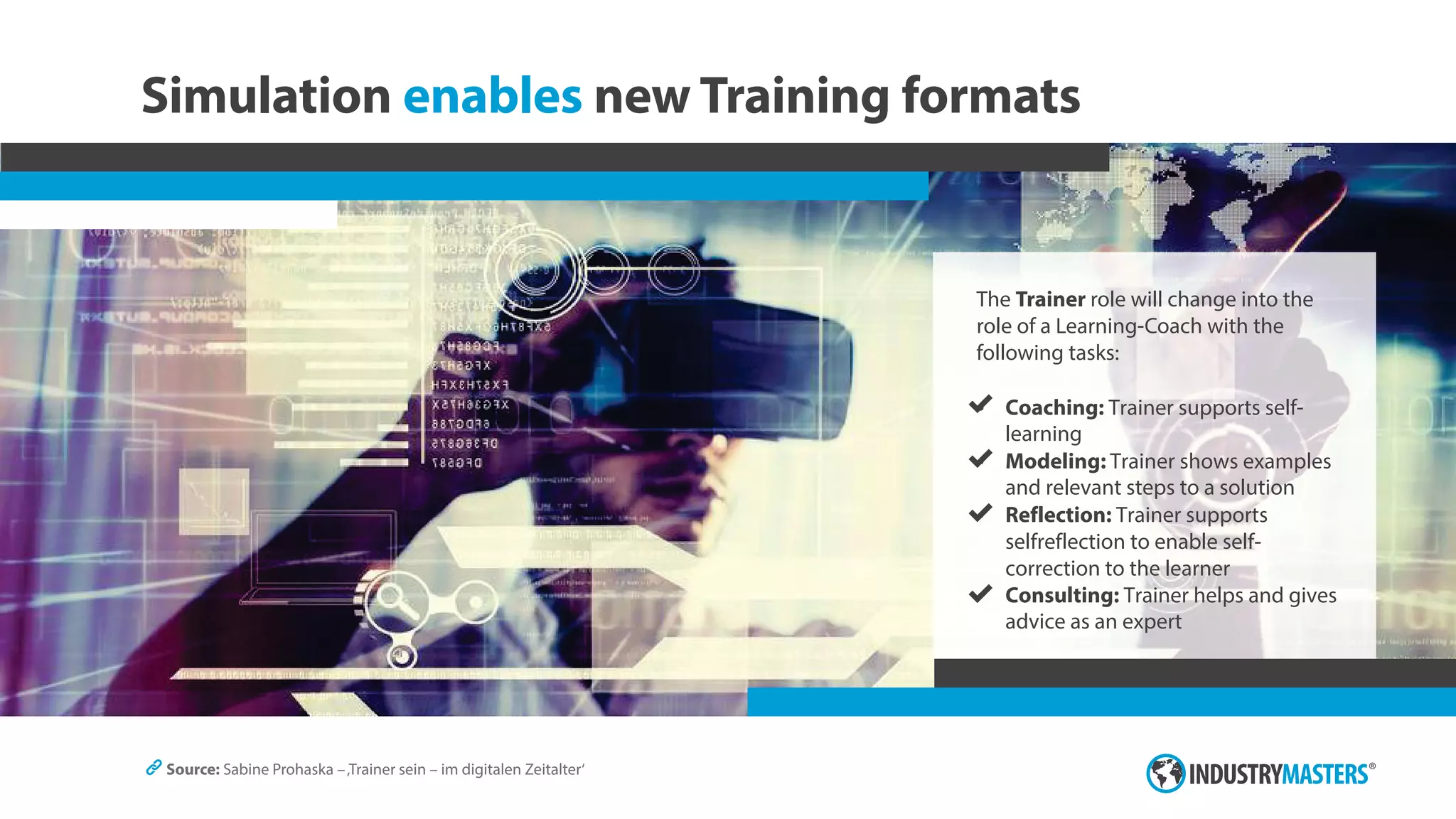 Simulation new Training formatsenables
Source: Sabine Prohaska –‚Trainer sein – im digitalen Zeitalter‘
The role will change into theTrainer
role of a Learning-Coach with the
following tasks:
Ÿ Coaching: Trainer supports self-
learning
Ÿ Modeling: Trainer shows examples
and relevant steps to a solution
Ÿ Reflection: Trainer supports
selfreflection to enable self-
correction to the learner
Ÿ Consulting: Trainer helps and gives
advice as an expert
 