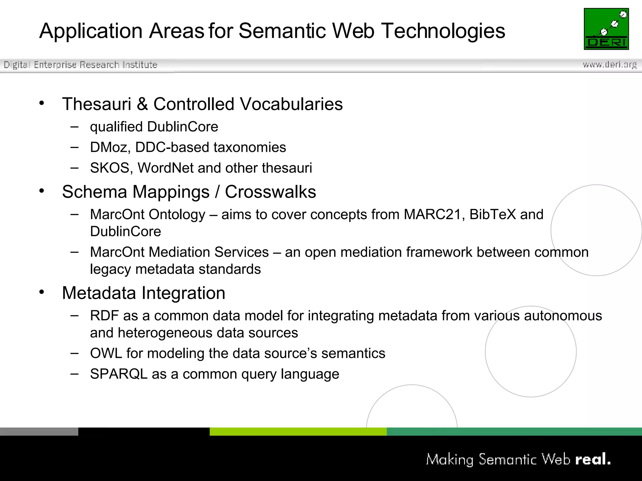 Application Areas for Semantic Web Technologies Thesauri & Controlled Vocabularies qualified DublinCore DMoz, DDC-based taxonomies SKOS, WordNet and other thesauri Schema Mappings / Crosswalks MarcOnt Ontology – aims to cover concepts from MARC21, BibTeX and DublinCore MarcOnt Mediation Services – an open mediation framework between common legacy metadata standards  Metadata Integration RDF as a common data model for integrating metadata from various autonomous and heterogeneous data sources OWL for modeling the data source’s semantics SPARQL as a common query language 