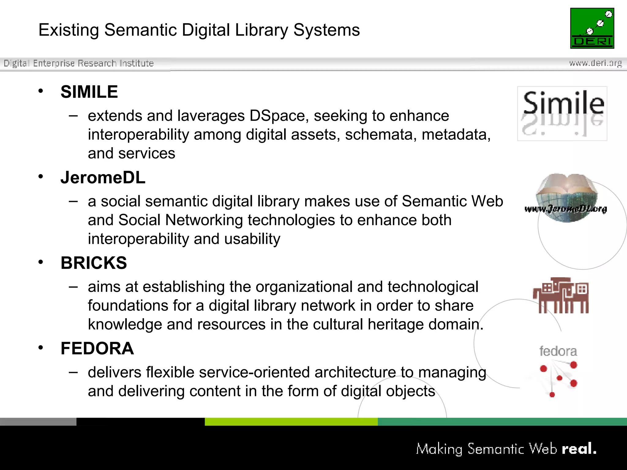 Existing Semantic Digital Library Systems SIMILE extends and laverages DSpace, seeking to enhance interoperability among digital assets, schemata, metadata, and services JeromeDL a social semantic digital library makes use of Semantic Web and Social Networking technologies to enhance both interoperability and usability BRICKS aims at establishing the organizational and technological foundations for a digital library network in order to share knowledge and resources in the cultural heritage domain. FEDORA delivers flexible service-oriented architecture to managing and delivering content in the form of digital objects 