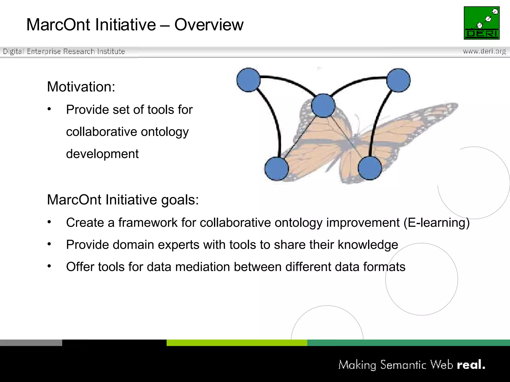 MarcOnt Initiative – Overview Motivation: Provide set of tools for  collaborative ontology development MarcOnt Initiative goals: Create a framework for collaborative ontology improvement (E-learning) Provide domain experts with tools to share their knowledge Offer tools for data mediation between different data formats 