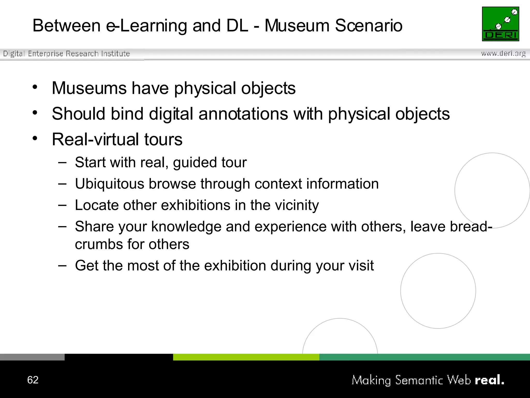 Between e-Learning and DL - Museum Scenario Museums have physical objects Should bind digital annotations with physical objects Real-virtual tours Start with real, guided tour Ubiquitous browse through context information Locate other exhibitions in the vicinity  Share your knowledge and experience with others, leave bread-crumbs for others Get the most of the exhibition during your visit 