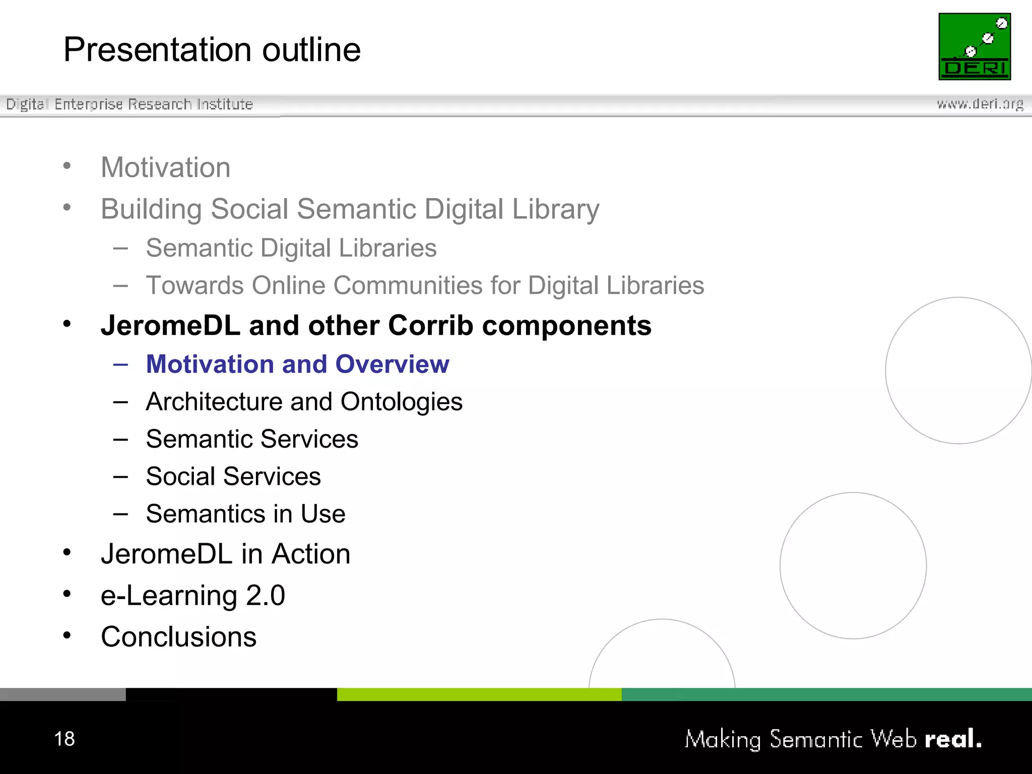 Presentation outline Motivation Building Social Semantic Digital Library Semantic Digital Libraries Towards Online Communities for Digital Libraries JeromeDL and other Corrib components Motivation and Overview Architecture and Ontologies Semantic Services Social Services Semantics in Use JeromeDL in Action e-Learning 2.0 Conclusions 