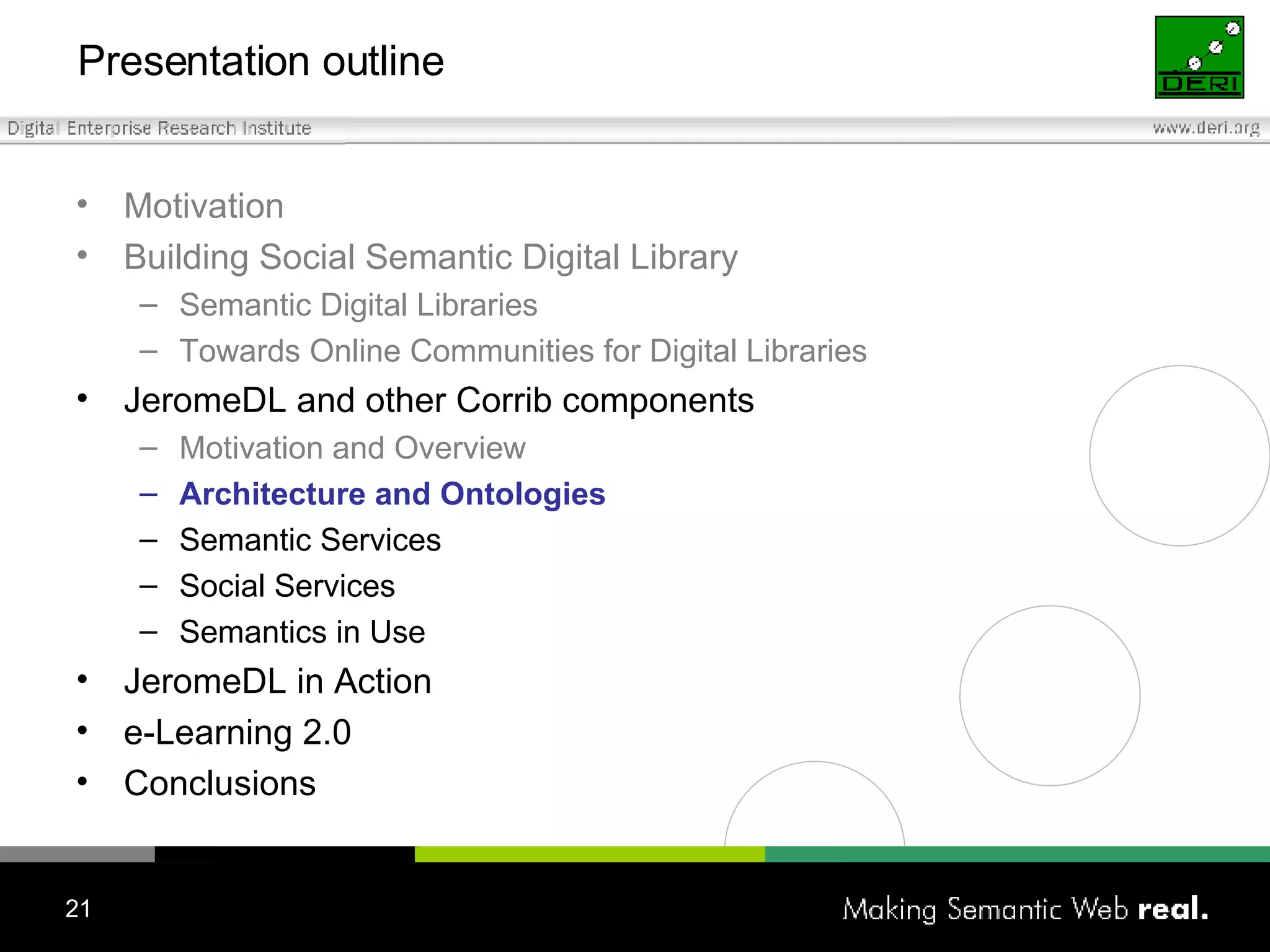 Presentation outline Motivation Building Social Semantic Digital Library Semantic Digital Libraries Towards Online Communities for Digital Libraries JeromeDL and other Corrib components Motivation and Overview Architecture and Ontologies Semantic Services Social Services Semantics in Use JeromeDL in Action e-Learning 2.0 Conclusions 