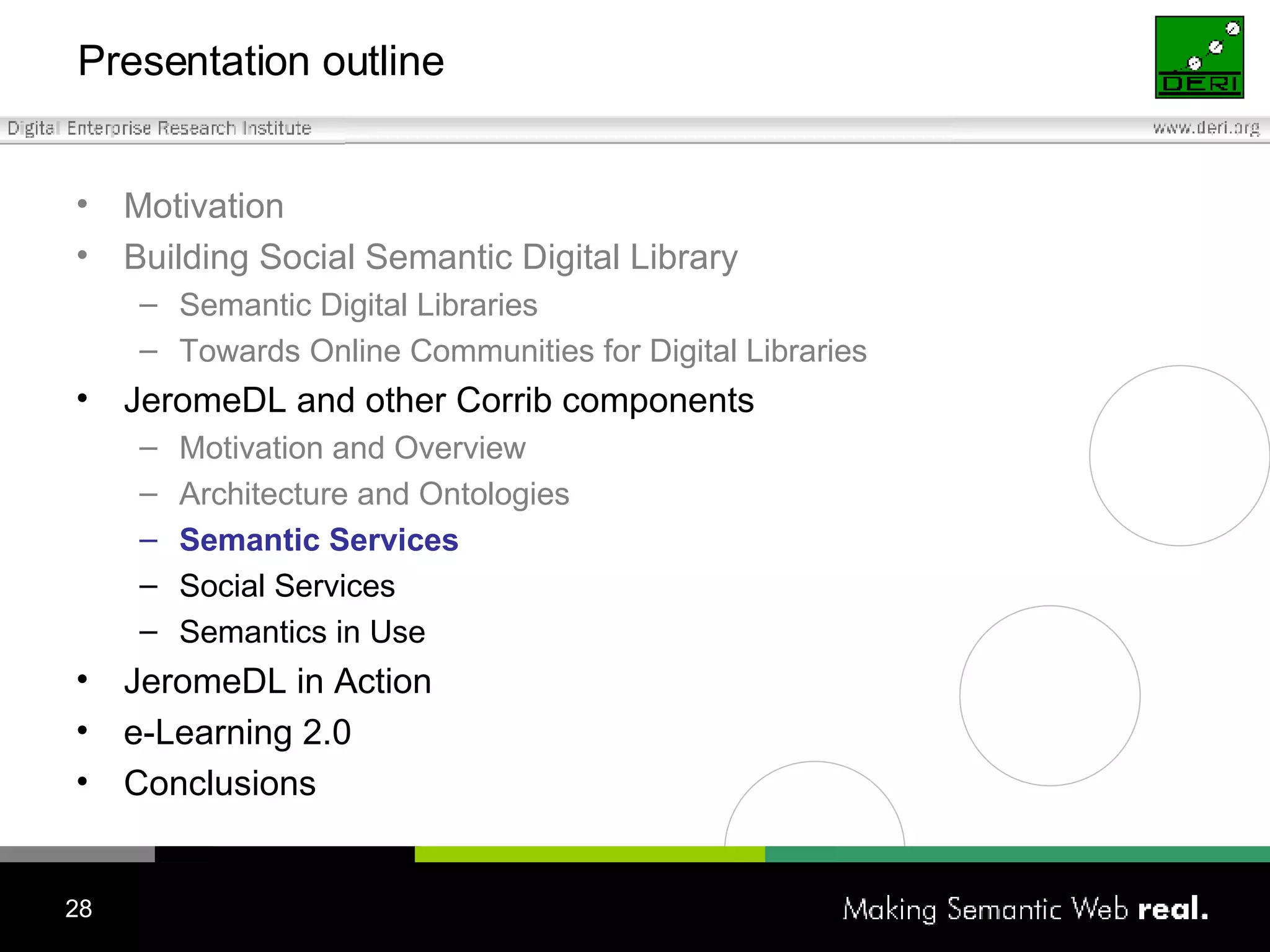 Presentation outline Motivation Building Social Semantic Digital Library Semantic Digital Libraries Towards Online Communities for Digital Libraries JeromeDL and other Corrib components Motivation and Overview Architecture and Ontologies Semantic Services Social Services Semantics in Use JeromeDL in Action e-Learning 2.0 Conclusions 