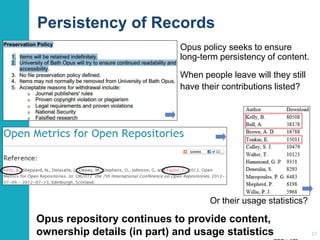 Persistency of Records
Opus policy seeks to ensure
long-term persistency of content.
17
When people leave will they still
have their contributions listed?
Or their usage statistics?
Opus repository continues to provide content,
ownership details (in part) and usage statistics
 