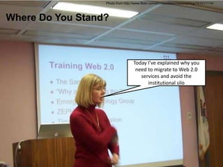 Photo from http://www.flickr.com/photos/alatechsourceblog/101011114/
Where Do You Stand?
Today I’ve explained why you
need to migrate to Web 2.0
services and avoid the
institutional silo
 