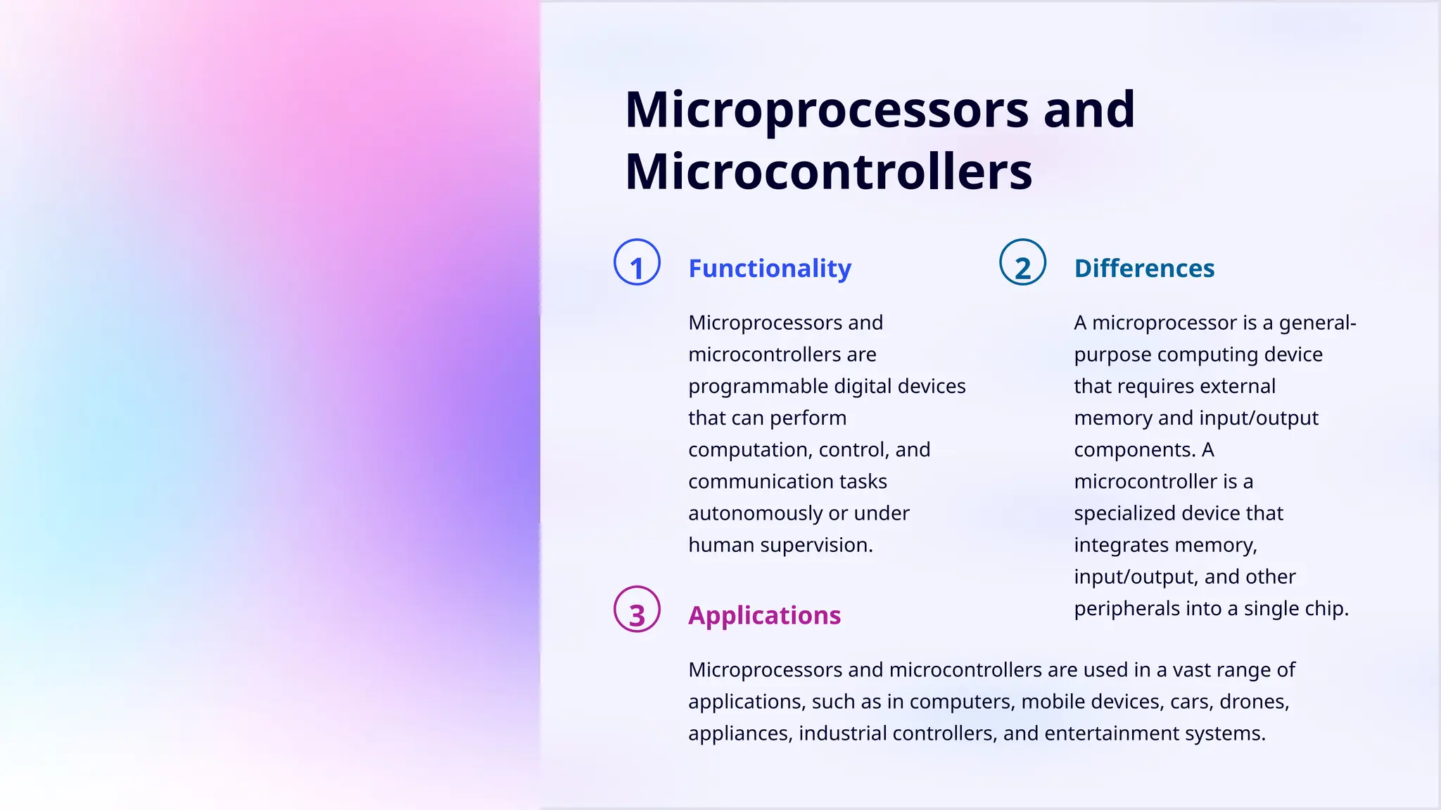Microprocessors and
Microcontrollers
1 Functionality
Microprocessors and
microcontrollers are
programmable digital devices
that can perform
computation, control, and
communication tasks
autonomously or under
human supervision.
2 Differences
A microprocessor is a general-
purpose computing device
that requires external
memory and input/output
components. A
microcontroller is a
specialized device that
integrates memory,
input/output, and other
peripherals into a single chip.
3 Applications
Microprocessors and microcontrollers are used in a vast range of
applications, such as in computers, mobile devices, cars, drones,
appliances, industrial controllers, and entertainment systems.
 