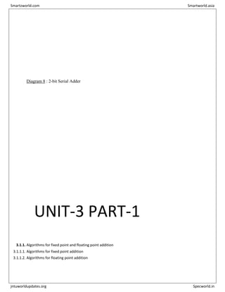 Diagram 8 : 2-bit Serial Adder
UNIT-3 PART-1
3.1.1. Algorithms for fixed point and floating point addition
3.1.1.1. Algorithms for fixed point addition
3.1.1.2. Algorithms for floating point addition
Smartzworld.com Smartworld.asia
jntuworldupdates.org Specworld.in
 