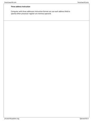 Three address Instruction
Computer with three addresses instruction format can use each address field to
specify either processor register are memory operand.
Smartzworld.com Smartworld.asia
jntuworldupdates.org Specworld.in
 
