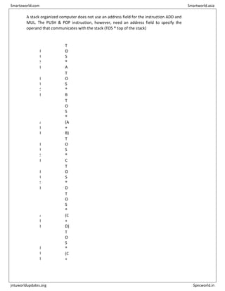 A stack organized computer does not use an address field for the instruction ADD and
MUL. The PUSH & POP instruction, however, need an address field to specify the
operand that communicates with the stack (TOS ® top of the stack)
P
U
S
H A
T
O
S
®
A
P
U
S
H B
T
O
S
®
B
A
D
D
T
O
S
®
(A
+
B)
P
U
S
H C
T
O
S
®
C
P
U
S
H D
T
O
S
®
D
A
D
D
T
O
S
®
(C
+
D)
M
U
L
T
O
S
®
(C
+
Smartzworld.com Smartworld.asia
jntuworldupdates.org Specworld.in
 
