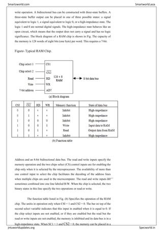 write operation. A bidirectional bus can be constructed with three-state buffers. A
three-state buffer output can be placed in one of three possible states: a signal
equivalent to logic 1, a signal equivalent to logic 0, or a high-impedance state. The
logic 1 and 0 are normal digital signals. The high-impedance state behaves like an
open circuit, which means that the output does not carry a signal and has no logic
significance. The block diagram of a RAM chip is shown in Fig. The capacity of
the memory is 128 words of eight bits (one byte) per word. This requires a 7-bit.
Figure- Typical RAM Chip.
Address and an 8-bit bidirectional data bus. The read and write inputs specify the
memory operation and the two chips select (CS) control inputs are for enabling the
chip only when it is selected by the microprocessor. The availability of more than
one control input to select the chip facilitates the decoding of the address lines
when multiple chips are used in the microcomputer. The read and write inputs are
sometimes combined into one line labeled R/W. When the chip is selected, the two
binary states in this line specify the two operations or read or write.
The function table listed in Fig. (b) Specifies the operation of the RAM
chip. The unitis in operation only when CSI = 1 and CS2 = 0. The bar on top of the
second select variable indicates that this input in enabled when it is equal to 0. If
the chip select inputs are not enabled, or if they are enabled but the read but the
read or write inputs are not enabled, the memory is inhibited and its data bus is in a
high-impedance state. When SC1 = 1 and CS2 = 0, the memory can be placed in a
Smartzworld.com Smartworld.asia
jntuworldupdates.org Specworld.in
 