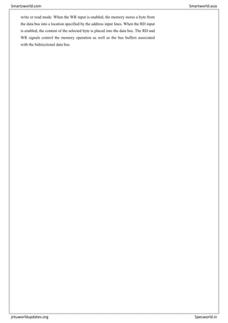 write or read mode. When the WR input is enabled, the memory stores a byte from
the data bus into a location specified by the address input lines. When the RD input
is enabled, the content of the selected byte is placed into the data bus. The RD and
WR signals control the memory operation as well as the bus buffers associated
with the bidirectional data bus.
Smartzworld.com Smartworld.asia
jntuworldupdates.org Specworld.in
 