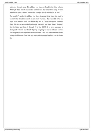 addresses for each chip. The address bus lines are listed in the third column.
Although there are 16 lines in the address bus, the table shows only 10 lines
because the other 6 are not used in this example and are assumed to be zero.
The small x’s under the address bus lines designate those lines that must be
connected to the address inputs in each chip. The RAM chips have 128 bytes and
need seven address lines. The ROM chip has 512 bytes and needs 9 address
lines. The x’s are always assigned to the low-order bus lines: lines 1 through 7
for the RAM and lines 1 through 9 for the ROM. It is now necessary to
distinguish between four RAM chips by assigning to each a different address.
For this particular example we choose bus lines 8 and 9 to represent four distinct
binary combinations. Note that any other pair of unused bus lines can be chosen
for
Smartzworld.com Smartworld.asia
jntuworldupdates.org Specworld.in
 