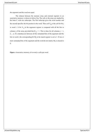 the argument and the word are equal.
The relation between the memory array and external registers in an
associative memory is shown in below Fig. The cells in the array are marked by
the letter C with two subscripts. The first subscript gives the word number and
the second specifies the bit position in the word. Thus cell Cij is the cell for bit j
in word i. A bit A j in the argument register is compared with all the bits in
column j of the array provided that K j = 1. This is done for all columns j = 1,
2,…,n. If a matchoccurs between all the unmasked bits of the argument and the
bits in word i, the corresponding bit Mi in the match register is set to 1. If one or
more unmasked bits of the argument and the word do not match, Mi is cleared to
0.
Figure -Associative memory of m word, n cells per word
Smartzworld.com Smartworld.asia
jntuworldupdates.org Specworld.in
 