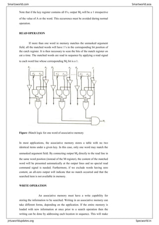 Note that if the key register contains all 0’s, output Mi will be a 1 irrespective
of the value of A or the word. This occurrence must be avoided during normal
operation.
READ OPERATION
If more than one word in memory matches the unmasked argument
field, all the matched words will have 1’s in the corresponding bit position of
the catch register. It is then necessary to scan the bits of the match register on
eat a time. The matched words are read in sequence by applying a read signal
to each word line whose corresponding Mi bit is a 1.
Figure -Match logic for one word of associative memory
In most applications, the associative memory stores a table with no two
identical items under a given key. In this case, only one word may match the
unmasked argument field. By connecting output Mi directly to the read line in
the same word position (instead of the M register), the content of the matched
word will be presented automatically at the output lines and no special read
command signal is needed. Furthermore, if we exclude words having zero
content, an all-zero output will indicate that no match occurred and that the
searched item is not available in memory.
WRITE OPERATION
An associative memory must have a write capability for
storing the information to be searched. Writing in an associative memory can
take different forms, depending on the application. If the entire memory is
loaded with new information at once prior to a search operation then the
writing can be done by addressing each location in sequence. This will make
Smartzworld.com Smartworld.asia
jntuworldupdates.org Specworld.in
 