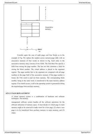 e
g
i
s
t
e
r
0 0 1 1 1
0 1 0 0 0 Associative
memory
1 0 1 0 1
1 1 0 1 0
P
a
g
e
n
o
.
Block
no .
Consider again the case of eight pages and four blocks as in the
example of Fig. We replace the random access memory-page table with an
associative memory of four words as shown in Fig. Each entry in the
associative memory array consists of two fields. The first three bits specify a
field from storing the page number. The last two bits constitute a field for
storing the block number. The virtual address is placed in the argument
register. The page number bits in the argument are compared with all page
numbers in the page field of the associative memory. If the page number is
found, the 5-bit word is read out from memory. The corresponding block
number, being in the same word, is transferred to the main memory address
register. If no match occurs, a call to the operating system is generated to bring
the required page from auxiliary memory.
4.5.1.1 PAGE REPLACEMENT
A virtual memory system is a combination of hardware and software
techniques. The memory
management software system handles all the software operations for the
efficient utilization of memory space. It must decide (1) which page in main
memory ought to be removed to make room for a new page, (2) when a new
page is to be transferred from auxiliary memory to main memory, and (3)
where
Smartzworld.com Smartworld.asia
jntuworldupdates.org Specworld.in
 