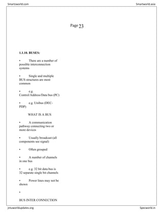 Page 23

1.1.10. BUSES:
• There are a number of
possible interconnection
systems
• Single and multiple
BUS structures are most
common
• e.g.
Control/Address/Data bus (PC)
• e.g. Unibus (DEC-
PDP)
WHAT IS A BUS
• A communication
pathway connecting two or
more devices
• Usually broadcast (all
components see signal)
• Often grouped
• A number of channels
in one bus
• e.g. 32 bit data bus is
32 separate single bit channels
• Power lines may not be
shown
•
BUS INTER CONNECTION
Smartzworld.com Smartworld.asia
jntuworldupdates.org Specworld.in
 