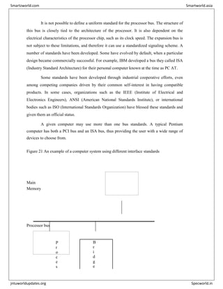 It is not possible to define a uniform standard for the processor bus. The structure of
this bus is closely tied to the architecture of the processor. It is also dependent on the
electrical characteristics of the processor chip, such as its clock speed. The expansion bus is
not subject to these limitations, and therefore it can use a standardized signaling scheme. A
number of standards have been developed. Some have evolved by default, when a particular
design became commercially successful. For example, IBM developed a bus they called ISA
(Industry Standard Architecture) for their personal computer known at the time as PC AT.
Some standards have been developed through industrial cooperative efforts, even
among competing companies driven by their common self-interest in having compatible
products. In some cases, organizations such as the IEEE (Institute of Electrical and
Electronics Engineers), ANSI (American National Standards Institute), or international
bodies such as ISO (International Standards Organization) have blessed these standards and
given them an official status.
A given computer may use more than one bus standards. A typical Pentium
computer has both a PCI bus and an ISA bus, thus providing the user with a wide range of
devices to choose from.
Figure 21 An example of a computer system using different interface standards
Main
Memory
Processor bus
P
r
o
c
e
s
B
r
i
d
g
e
Smartzworld.com Smartworld.asia
jntuworldupdates.org Specworld.in
 