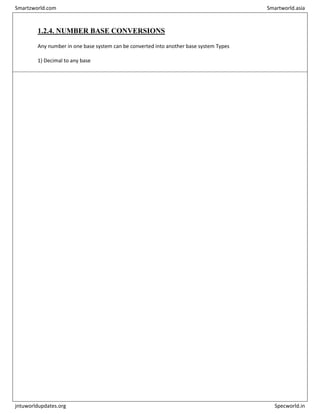 1.2.4. NUMBER BASE CONVERSIONS
Any number in one base system can be converted into another base system Types
1) Decimal to any base
Smartzworld.com Smartworld.asia
jntuworldupdates.org Specworld.in
 