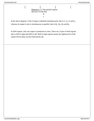 Q
1
Diagram 6: A 2-bit parallel register
that uses D Flip-flop
Q
2
Q
2
Q
3
In the above diagram, 2 bits of input is admitted simultaneously, that is I1, I2, I3 and I2,
whereas its output is also is simultaneous or parallel, that is Q1, Q2, Q3 and Q2.
In shift register, only one output is produced at a time. There are 2 types of shift register
that is shift to right and shift to left. Shift to right register means the rightmost bit of the
stated will be taken out first followed by the
Smartzworld.com Smartworld.asia
jntuworldupdates.org Specworld.in
 