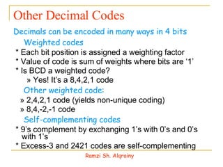 Other Decimal Codes Decimals can be encoded in many ways in 4 bits 􀂃  Weighted codes * Each bit position is assigned a weighting factor * Value of code is sum of weights where bits are ‘1’ * Is BCD a weighted code? » Yes! It’s a 8,4,2,1 code 􀁹  Other weighted code: » 2,4,2,1 code (yields non-unique coding) » 8,4,-2,-1 code 􀂃  Self-complementing codes * 9’s complement by exchanging 1’s with 0’s and 0’s with 1’s * Excess-3 and 2421 codes are self-complementing Ramzi Sh. Alqrainy 