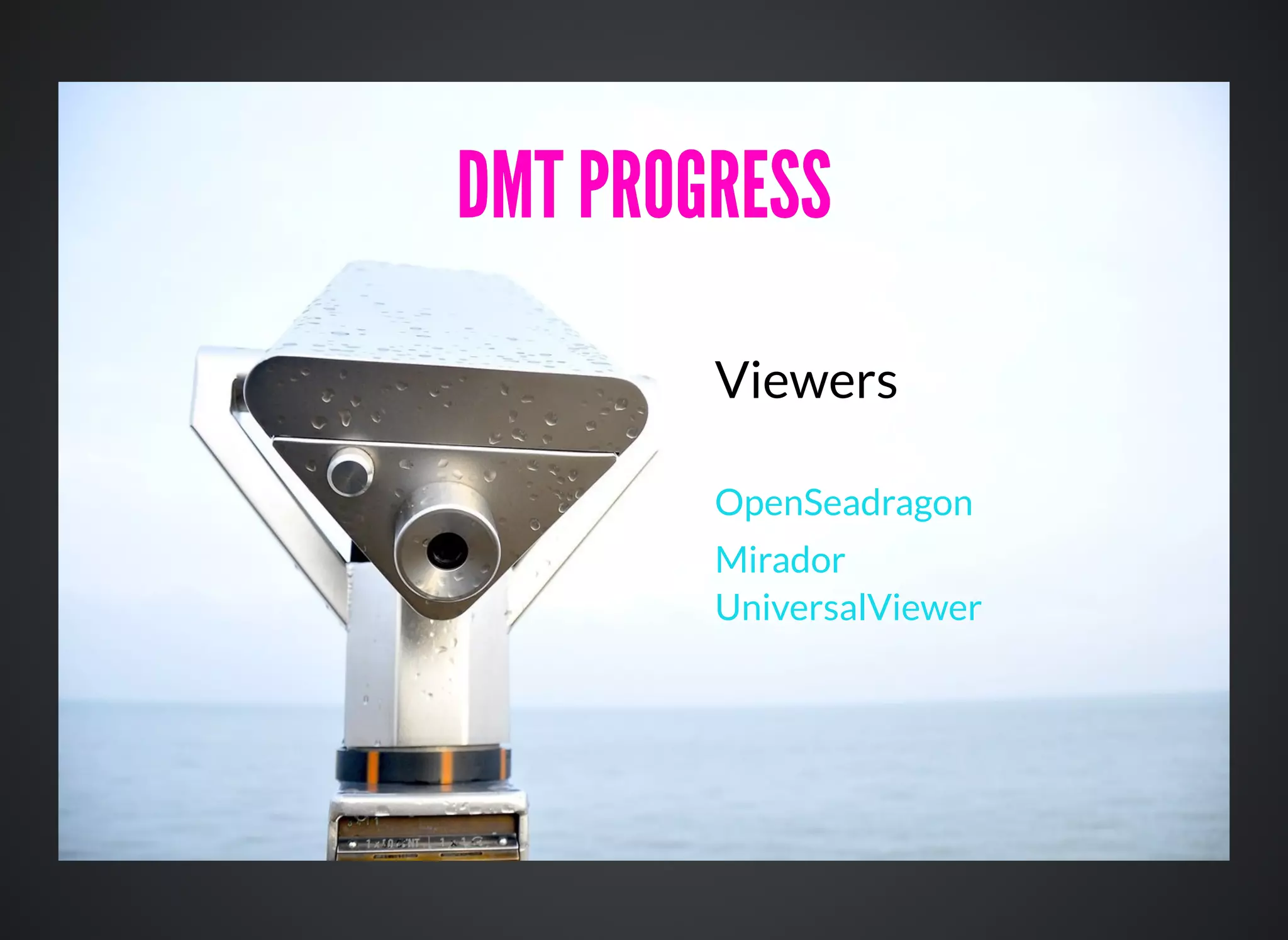 Viewers
OpenSeadragon
Mirador
UniversalViewer
DMT PROGRESSDMT PROGRESS
 