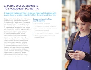 Engagement marketing is marketing that engages
people towards a goal, wherever they are. And
it’s marketing that is backed by both creative vision
and hard data. Finally, it’s marketing that allows
you to move quickly, shortening the amount
of time between an idea and its outcome, allowing
you to create more—and better—targeted programs.
Businesses can apply this type of campaign
to every stage in the customer lifecycle,
a term used to describe the various stages
consumers go through when interacting
with brands. In the past, marketers have relied
on the consistent chronology of the customer
lifecycle, from brand awareness, to the first
purchase, and eventual brand loyalty. From
an engagement marketing perspective, digital
marketing techniques go beyond simply keeping
companies connected to consumers based
on past, predictable behaviors. Digital marketing
creates meaningful relationships between
businesses and consumers regardless of where
or when a customer interacts with a brand.
Engagement Marketing Relies
on Understanding:
•	 The customer as an individual
•	 The customer’s job, hobbies, and actions
•	 How to connect with customers seamlessly
	 across channels and devices
•	 The ideal outcome of every customer interaction
•	 Where customers spend their time both
online and offline
APPLYING DIGITAL ELEMENTS
TO ENGAGEMENT MARKETING
Engagement marketing is the art of creating meaningful interactions with
people, based on who they are and what they do, continuously over time.
33
 