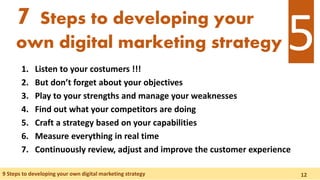 1. Listen to your costumers !!!
2. But don’t forget about your objectives
3. Play to your strengths and manage your weaknesses
4. Find out what your competitors are doing
5. Craft a strategy based on your capabilities
6. Measure everything in real time
7. Continuously review, adjust and improve the customer experience
7 Steps to developing your
own digital marketing strategy
9 Steps to developing your own digital marketing strategy
5
12
 