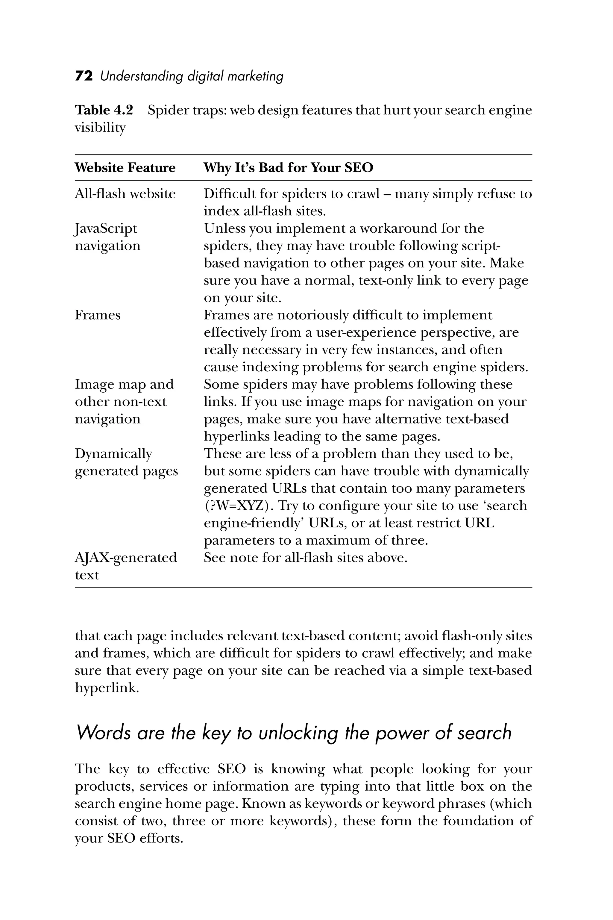 72 Understanding digital marketing
that each page includes relevant text-based content; avoid ﬂash-only sites
and frames, which are difﬁcult for spiders to crawl effectively; and make
sure that every page on your site can be reached via a simple text-based
hyperlink.
Words are the key to unlocking the power of search
The key to effective SEO is knowing what people looking for your
products, services or information are typing into that little box on the
search engine home page. Known as keywords or keyword phrases (which
consist of two, three or more keywords), these form the foundation of
your SEO efforts.
Table 4.2 Spider traps: web design features that hurt your search engine
visibility
Website Feature Why It’s Bad for Your SEO
All-ﬂash website Difﬁcult for spiders to crawl – many simply refuse to
index all-ﬂash sites.
JavaScript
navigation
Unless you implement a workaround for the
spiders, they may have trouble following script-
based navigation to other pages on your site. Make
sure you have a normal, text-only link to every page
on your site.
Frames Frames are notoriously difﬁcult to implement
effectively from a user-experience perspective, are
really necessary in very few instances, and often
cause indexing problems for search engine spiders.
Image map and
other non-text
navigation
Some spiders may have problems following these
links. If you use image maps for navigation on your
pages, make sure you have alternative text-based
hyperlinks leading to the same pages.
Dynamically
generated pages
These are less of a problem than they used to be,
but some spiders can have trouble with dynamically
generated URLs that contain too many parameters
(?W=XYZ). Try to conﬁgure your site to use ‘search
engine-friendly’ URLs, or at least restrict URL
parameters to a maximum of three.
AJAX-generated
text
See note for all-ﬂash sites above.
 