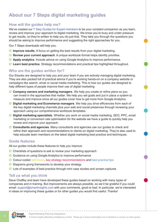 © Smart Insights (Marketing Intelligence) Limited. Please go to www.smartinsights.com to feedback or access our other guides.
Digital Marketing Planning Infographics
3
!
About our 7 Steps digital marketing guides
How will the guides help me?
We’ve created our 7 Step Guides for Expert members to be your constant companion as you learn,
review and improve your approach to digital marketing. We know you’re busy and under pressure
to get results, so they’re written to help you do just that. They take you through the questions you
should be asking to improve performance and suggesting the right approaches for you.
Our 7 Steps downloads will help you:
þþ Improve results. A focus on getting the best results from your digital marketing.
þþ Review your current approach. A unique workbook format helps identify priorities.
þþ Apply analytics. Include advice on using Google Analytics to improve performance.
þþ Learn best practice. Strategy recommendations and practical tips highlighted throughout.
Who are the guides written for?
Our Ebooks are designed to help you and your team if you are actively managing digital marketing.
They are also packed full of practical advice if you’re working hands-on on a company website or
campaigns like search, email or social media marketing. This is how our guides are designed to
help different types of people improve their use of digital marketing:
þþ Company owners and marketing managers. We help you create or refine plans so you
can invest in the approaches that matter. We help you set goals and put in place a system to
measure and improve since all our guides cover how to get more from Google Analytics.
þþ Digital marketing and Ecommerce managers. We help you drive efficiencies from each of
the key digital marketing channels plus your web and social presences through reviewing your
approach using our comprehensive workbook templates.
þþ Digital marketing specialists. Whether you work on social media marketing, SEO, PPC, email
marketing or conversion rate optimisation for the website we have a guide to quickly help you
review and improve your approach.
þþ Consultants and agencies. Many consultants and agencies use our guides to check and
refine their approach and recommendations to clients on digital marketing. They’re also used to
help educate team members on the latest digital marketing best practice and techniques.
Guide features
All our guides include these features to help you improve:
þþ Checklists of questions to ask to review your marketing approach
þþ Guidance on using Google Analytics to improve performance
þþ Colour-coded definitions, key strategy recommendations and best practice tips
þþ Diagrams giving frameworks to develop your strategy
þþ Lots of examples of best practice through mini case studies and screen captures
Tell us what you think
Dave Chaffey and team have developed these guides based on working with many types of
companies and in training. But improvements are always possible, so we’d be grateful if you could
email: support@smartinsights.com with your comments, good or bad. In particular, we’re interested
in ideas on improving these guides or for other guides you would find useful. Thanks!
 