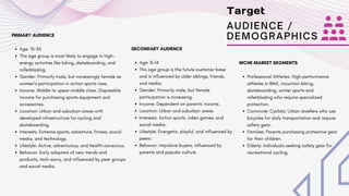 PRIMARY AUDIENCE
Age: 15-35
This age group is most likely to engage in high-
energy activities like biking, skateboarding, and
rollerblading.
Gender: Primarily male, but increasingly female as
women's participation in action sports rises.
Income: Middle to upper-middle class. Disposable
income for purchasing sports equipment and
accessories.
Location: Urban and suburban areas with
developed infrastructure for cycling and
skateboarding.
Interests: Extreme sports, adventure, fitness, social
media, and technology.
Lifestyle: Active, adventurous, and health-conscious.
Behavior: Early adopters of new trends and
products, tech-savvy, and influenced by peer groups
and social media.
Target
AUDIENCE /
DEMOGRAPHICS
SECONDARY AUDIENCE
Age: 8-14
This age group is the future customer base
and is influenced by older siblings, friends,
and media.
Gender: Primarily male, but female
participation is increasing.
Income: Dependent on parents' income.
Location: Urban and suburban areas.
Interests: Action sports, video games, and
social media.
Lifestyle: Energetic, playful, and influenced by
peers.
Behavior: Impulsive buyers, influenced by
parents and popular culture.
NICHE MARKET SEGMENTS
Professional Athletes: High-performance
athletes in BMX, mountain biking,
skateboarding, winter sports and
rollerblading who require specialized
protection.
Commuter Cyclists: Urban dwellers who use
bicycles for daily transportation and require
safety gear.
Families: Parents purchasing protective gear
for their children.
Elderly: Individuals seeking safety gear for
recreational cycling.
 