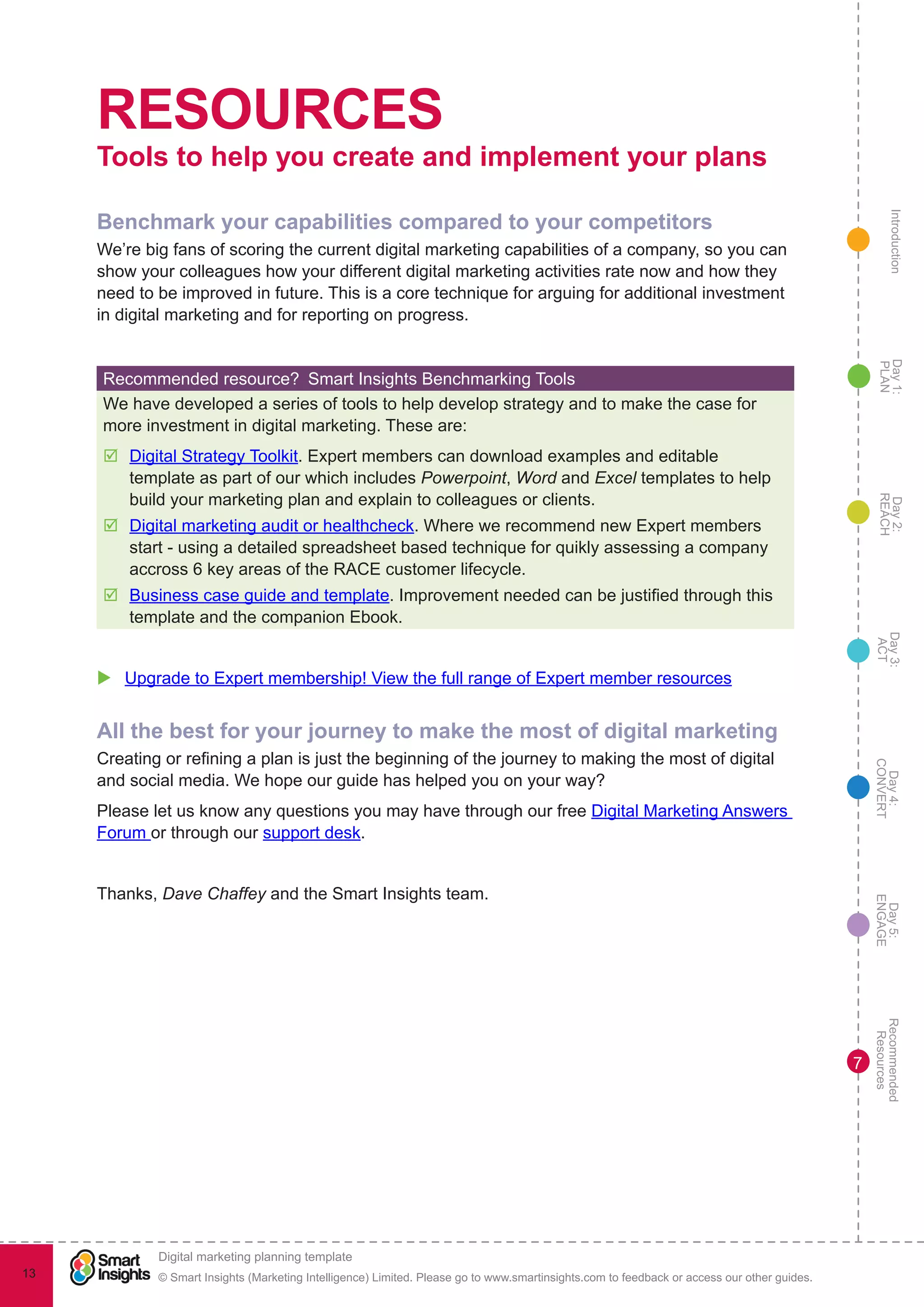IntroductionDay5:
ENGAGE
Recommended
Resources
Day4:
CONVERT
Day3:
ACT
Day2:
REACH
Day1:
PLAN
© Smart Insights (Marketing Intelligence) Limited. Please go to www.smartinsights.com to feedback or access our other guides.
Digital marketing planning template
!
13
7
RESOURCES
Tools to help you create and implement your plans
Benchmark your capabilities compared to your competitors
We’re big fans of scoring the current digital marketing capabilities of a company, so you can
show your colleagues how your different digital marketing activities rate now and how they
need to be improved in future. This is a core technique for arguing for additional investment
in digital marketing and for reporting on progress.
Recommended resource?  Smart Insights Benchmarking Tools
We have developed a series of tools to help develop strategy and to make the case for
more investment in digital marketing. These are:
þþ Digital Strategy Toolkit. Expert members can download examples and editable
template as part of our which includes Powerpoint, Word and Excel templates to help
build your marketing plan and explain to colleagues or clients.
þþ Digital marketing audit or healthcheck. Where we recommend new Expert members
start - using a detailed spreadsheet based technique for quikly assessing a company
accross 6 key areas of the RACE customer lifecycle.
þþ Business case guide and template. Improvement needed can be justified through this
template and the companion Ebook.
uu Upgrade to Expert membership! View the full range of Expert member resources
All the best for your journey to make the most of digital marketing
Creating or refining a plan is just the beginning of the journey to making the most of digital
and social media. We hope our guide has helped you on your way?
Please let us know any questions you may have through our free Digital Marketing Answers
Forum or through our support desk.
Thanks, Dave Chaffey and the Smart Insights team.
 