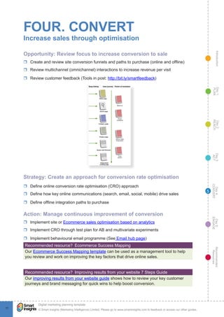 IntroductionDay5:
ENGAGE
Recommended
Resources
Day4:
CONVERT
Day3:
ACT
Day2:
REACH
Day1:
PLAN
© Smart Insights (Marketing Intelligence) Limited. Please go to www.smartinsights.com to feedback or access our other guides.
Digital marketing planning template
!
11
5
FOUR. CONVERT
Increase sales through optimisation
Opportunity: Review focus to increase conversion to sale
rr Create and review site conversion funnels and paths to purchase (online and offline)
rr Review multichannel (omnichannel) interactions to increase revenue per visit
rr Review customer feedback (Tools in post: http://bit.ly/smartfeedback)
Strategy: Create an approach for conversion rate optimisation
rr Define online conversion rate optimisation (CRO) approach
rr Define how key online communications (search, email, social, mobile) drive sales
rr Define offline integration paths to purchase
Action: Manage continuous improvement of conversion
rr Implement site or Ecommerce sales optimisation based on analytics
rr Implement CRO through test plan for AB and multivariate experiments
rr Implement behavioural email programme (See Email hub page)
Recommended resource?  Ecommerce Success Mapping
Our Ecommerce Success Mapping template can be used as a management tool to help
you review and work on improving the key factors that drive online sales.
Recommended resource?  Improving results from your website 7 Steps Guide
Our improving results from your website guide shows how to review your key customer
journeys and brand messaging for quick wins to help boost conversion.
 