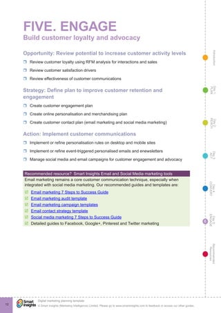 IntroductionDay5:
ENGAGE
Recommended
Resources
Day4:
CONVERT
Day3:
ACT
Day2:
REACH
Day1:
PLAN
© Smart Insights (Marketing Intelligence) Limited. Please go to www.smartinsights.com to feedback or access our other guides.
Digital marketing planning template
!
6
12
FIVE. ENGAGE
Build customer loyalty and advocacy
Opportunity: Review potential to increase customer activity levels
rr Review customer loyalty using RFM analysis for interactions and sales
rr Review customer satisfaction drivers
rr Review effectiveness of customer communications
Strategy: Define plan to improve customer retention and
engagement
rr Create customer engagement plan
rr Create online personalisation and merchandising plan
rr Create customer contact plan (email marketing and social media marketing)
Action: Implement customer communications
rr Implement or refine personalisation rules on desktop and mobile sites
rr Implement or refine event-triggered personalised emails and enewsletters
rr Manage social media and email campaigns for customer engagement and advocacy
Recommended resource?  Smart Insights Email and Social Media marketing tools
Email marketing remains a core customer communication technique, especially when
integrated with social media marketing. Our recommended guides and templates are:
þþ Email marketing 7 Steps to Success Guide
þþ Email marketing audit template
þþ Email marketing campaign templates
þþ Email contact strategy template
þþ Social media marketing 7 Steps to Success Guide
þþ Detailed guides to Facebook, Google+, Pinterest and Twitter marketing
 