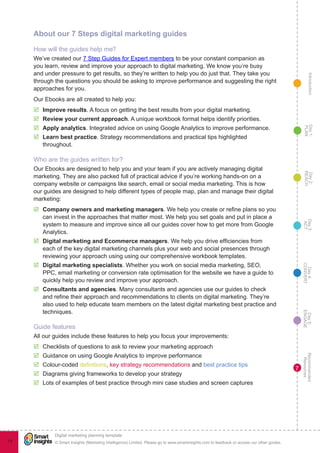 IntroductionDay5:
ENGAGE
Recommended
Resources
Day4:
CONVERT
Day3:
ACT
Day2:
REACH
Day1:
PLAN
© Smart Insights (Marketing Intelligence) Limited. Please go to www.smartinsights.com to feedback or access our other guides.
Digital marketing planning template
!
14
7
About our 7 Steps digital marketing guides
How will the guides help me?
We’ve created our 7 Step Guides for Expert members to be your constant companion as
you learn, review and improve your approach to digital marketing. We know you’re busy
and under pressure to get results, so they’re written to help you do just that. They take you
through the questions you should be asking to improve performance and suggesting the right
approaches for you.
Our Ebooks are all created to help you:
þþ Improve results. A focus on getting the best results from your digital marketing.
þþ Review your current approach. A unique workbook format helps identify priorities.
þþ Apply analytics. Integrated advice on using Google Analytics to improve performance.
þþ Learn best practice. Strategy recommendations and practical tips highlighted
throughout.
Who are the guides written for?
Our Ebooks are designed to help you and your team if you are actively managing digital
marketing. They are also packed full of practical advice if you’re working hands-on on a
company website or campaigns like search, email or social media marketing. This is how
our guides are designed to help different types of people map, plan and manage their digital
marketing:
þþ Company owners and marketing managers. We help you create or refine plans so you
can invest in the approaches that matter most. We help you set goals and put in place a
system to measure and improve since all our guides cover how to get more from Google
Analytics.
þþ Digital marketing and Ecommerce managers. We help you drive efficiencies from
each of the key digital marketing channels plus your web and social presences through
reviewing your approach using using our comprehensive workbook templates.
þþ Digital marketing specialists. Whether you work on social media marketing, SEO,
PPC, email marketing or conversion rate optimisation for the website we have a guide to
quickly help you review and improve your approach.
þþ Consultants and agencies. Many consultants and agencies use our guides to check
and refine their approach and recommendations to clients on digital marketing. They’re
also used to help educate team members on the latest digital marketing best practice and
techniques.
Guide features
All our guides include these features to help you focus your improvements:
þþ Checklists of questions to ask to review your marketing approach
þþ Guidance on using Google Analytics to improve performance
þþ Colour-coded definitions, key strategy recommendations and best practice tips
þþ Diagrams giving frameworks to develop your strategy
þþ Lots of examples of best practice through mini case studies and screen captures
 
