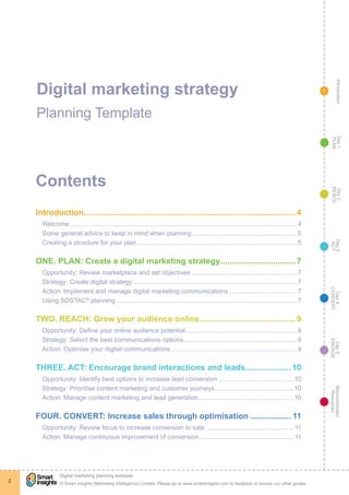 IntroductionDay5:
ENGAGE
Recommended
Resources
Day4:
CONVERT
Day3:
ACT
Day2:
REACH
Day1:
PLAN
© Smart Insights (Marketing Intelligence) Limited. Please go to www.smartinsights.com to feedback or access our other guides.
Digital marketing planning template
!
2
1Digital marketing strategy
Planning Template
Contents
Introduction..............................................................................................4
Welcome................................................................................................................................4
Some general advice to keep in mind when planning............................................................5
Creating a structure for your plan..........................................................................................5
ONE. PLAN: Create a digital marketing strategy..................................7
Opportunity: Review marketplace and set objectives............................................................7
Strategy: Create digital strategy.............................................................................................7
Action: Implement and manage digital marketing communications.......................................7
Using SOSTAC®
planning......................................................................................................7
TWO. REACH: Grow your audience online...........................................9
Opportunity: Define your online audience potential...............................................................9
Strategy: Select the best communications options................................................................9
Action: Optimise your digital communications.......................................................................9
THREE. ACT: Encourage brand interactions and leads.....................10
Opportunity: Identify best options to increase lead conversion...........................................10
Strategy: Prioritise content marketing and customer journeys.............................................10
Action: Manage content marketing and lead generation......................................................10
FOUR. CONVERT: Increase sales through optimisation................... 11
Opportunity: Review focus to increase conversion to sale .................................................11
Action: Manage continuous improvement of conversion......................................................11
 