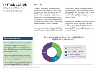 INTRODUCTION
How to use this RACE
Planning Template
WELCOME
Thanks for downloading this Smart Insights
template and congratulations on taking steps
to improve your digital strategy! We hope you
find it useful when creating or refining your
plans to make more better use of the fantastic
opportunities available from digital marketing. It’s
a sample of our actionable advice for marketers
including 7 Steps eBooks; online training courses;
how-to-videos and marketing templates.
Our recent research showed1
that shockingly,
many organisations are doing digital marketing,
but they don’t have a strategy. The reality is that
digital channels are still relatively new and fast-
changing, so many businesses haven’t responded
adequately and their business is at risk. We found
that although many organisations now use a
planned approach to digital marketing, many
others still don’t.
We believe that you need to first define a separate
digital plan to quantify the case for investment
in digital marketing and change your approach
to managing digital marketing. Then move to a
better integrated approach where it’s part of your
marketing strategy.
RECOMMENDATION
CREATE A SPECIFIC DIGITAL MARKETING PLAN
Create a detailed digital marketing plan
defining the digital channel strategy for each
major market/proposition to provide focus and
direction for the future.
Make sure your digital plan is well integrated
with all marketing communications and aligns
with your business objectives.
1
Smart Insights Managing Digital Marketing 2015
research report u(available to all members)
34%
16%
50%
Yes - it's integrated into our
marketing strategy
Yes - it's deﬁned in a separate
document
No - we are doing digital
marketing, but no deﬁned strategy
Q9 Does your organisation have a clearly defined
digital marketing strategy?
Does your organisation have a clearly defined
digital marketing strategy?
Digital marketing planning template | © Smart Insights | www.smartinsights.com 2
 