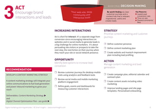 ACT
Encourage brand
interactions and leads
INCREASING INTERACTIONS
Act is short for Interact. It’s a separate stage from
conversion since encouraging interactions on
websites and in social media to generate leads is
a big challenge for online marketers.  It’s about
persuading site visitors or prospects to take the
next step, the next Action on their journey when
they reach your site or social network presence.
OPPORTUNITY
Identify best options to increase lead
conversion
☐☐ Review customer journeys for desktop-mobile
visits using analytics and feedback tools
☐☐ Review social media and mobile marketing
platform engagement
☐☐ Define goals, events and dashboards for
measuring customer interactions
STRATEGY
Prioritise content marketing and customer
journeys
☐☐ Define customer personas
☐☐ Define content marketing plan
☐☐ Create website and martech improvement
plan including lead profiling
ACTION
Manage content marketing and lead
generation
☐☐ Create campaign plan, editorial calendar and
outreach plan
☐☐ Create content assets including video
marketing
☐☐ Improve landing pages and site page
templates. Personalised onboarding.
3
RECOMMENDATION
DEVELOP A CONTENT MARKETING STRATEGY
A content marketing strategy will integrate your
online communications to fuel lead generation
and power inbound marketing to grow your
reach
Deliverables: Content Marketing Strategy u
and
Digital Channel Optimisation Plan - see guide u
Digital marketing planning template | © Smart Insights | www.smartinsights.com 6
 