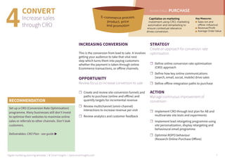CONVERT
Increase sales
through CRO
INCREASING CONVERSION
This is the conversion from lead to sale. It involves
getting your audience to take that vital next
step which turns them into paying customers
whether the payment is taken through online
Ecommerce transactions, or offline channels.
OPPORTUNITY
Review focus to increase conversion to sale
☐☐ Create and review site conversion funnels and
paths to purchase (online and offline) and
quantify targets for incremental revenue
☐☐ Review multichannel (omni-channel)
interactions to increase revenue per visit
☐☐ Review analytics and customer feedback
STRATEGY
Create an approach for conversion rate
optimisation
☐☐ Define online conversion rate optimisation
(CRO) approach
☐☐ Define how key online communications
(search, email, social, mobile) drive sales
☐☐ Define offline integration paths to purchase
ACTION
Manage continuous improvement of
conversion
☐☐ Implement CRO through test plan for AB and
multivariate site tests and experiments
☐☐ Implement lead retargeting programme using
site personalization, display retargeting and
behavioural email programme
☐☐ Optimise ROPO behaviour
(Research Online-Purchase Offline)
4
RECOMMENDATION
Set up a CRO (Conversion Rate Optimisation)
programme. Many businesses still don’t invest
to optimise their websites to maximize online
sales or referrals to other channels. Don’t leak
customers.
Deliverables: CRO Plan - see guide u
Digital marketing planning template | © Smart Insights | www.smartinsights.com 7
 