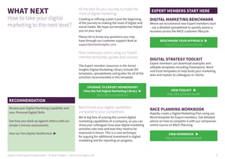 All the best for your journey to make the
most of digital marketing!
Creating or refining a plan is just the beginning
of the journey to making the most of digital and
social media. We hope our template has helped
you on your way?
Please let us know any questions you may
have through our customer support desk at
support@smartinsights.com.
Now create your plans using our Expert
member templates, guides and courses
The Expert member resources in the Smart
Insights Digital Marketing Library include DIY
templates, spreadsheets and guides for all of the
activities recommended in this template.
Benchmark your digital capabilities
compared to your competitors
We’re big fans of scoring the current digital
marketing capabilities of a company, so you can
show your colleagues how your digital marketing
activities rate now and how they need to be
improved in future. This is a core technique
for arguing for additional investment in digital
marketing and for reporting on progress.
DIGITAL MARKETING BENCHMARK
Where we recommend new Expert members start
- use a detailed spreadsheet to quickly assess a
business across the RACE customer lifecycle.
DIGITAL STRATEGY TOOLKIT
Expert members can download examples and
editable templates including Powerpoint, Word
and Excel templates to help build your marketing
plan and explain to colleagues or clients.
RACE PLANNING WORKBOOK
Rapidly create a Digital Marketing Plan using our
Word template for Expert members. Get detailed
advice on how to complete it with our companion
online course on RACE Planning.
WHAT NEXT
How to take your digital
marketing to the next level?
RECOMMENDATION
EXPERT MEMBERS START HERE
Review your Digital Marketing Capability and
your Personal Digital Skills.
See how you stack up against others with our
simple 5 minute assessments.
View our free Digital Healthcheck u
UPGRADE TO EXPERT MEMBERSHIP!
View the full Digital Marketing Library u
http://bit.ly/smartlibrary
VIEW TOOLKIT u
http://bit.ly/smart-toolkit
BENCHMARK YOUR APPROACH u
http://bit.ly/smartbenchmark
VIEW WORKBOOK u
http://bit.ly/smartworkbook
Digital marketing planning template | © Smart Insights | www.smartinsights.com 9
 