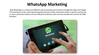 WhatsApp Marketing
Bulk WhatsApp is a unique and effective way to promote your business through text video and images
This technique can be used to generate good amount of sales around the world or specific country, city
or even a particular location ensures 100 percent delivery ratio and also provides the services for DND
Numbers
 