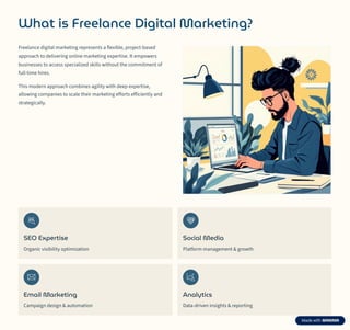 What is Freelance Digital Marketing?
Freelance digital marketing represents a flexible, project-based
approach to delivering online marketing expertise. It empowers
businesses to access specialized skills without the commitment of
full-time hires.
This modern approach combines agility with deep expertise,
allowing companies to scale their marketing efforts efficiently and
strategically.
SEO Expertise
Organic visibility optimization
Social Media
Platform management & growth
Email Marketing
Campaign design & automation
Analytics
Data-driven insights & reporting
 