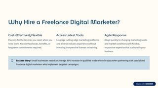 Why Hire a Freelance Digital Marketer?
Cost-Effective & Flexible
Pay only for the services you need, when you
need them. No overhead costs, benefits, or
long-term commitments required.
Access Latest Tools
Leverage cutting-edge marketing platforms
and diverse industry experience without
investing in expensive licenses or training.
Agile Response
Adapt quickly to changing marketing needs
and market conditions with flexible,
responsive expertise that scales with your
business.
Success Story: Small businesses report an average 30% increase in qualified leads within 90 days when partnering with specialized
freelance digital marketers who implement targeted campaigns.
 
