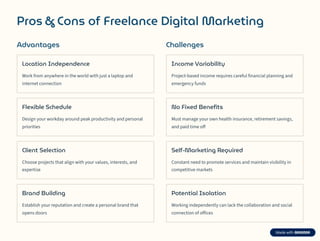 Pros & Cons of Freelance Digital Marketing
Advantages
Location Independence
Work from anywhere in the world with just a laptop and
internet connection
Flexible Schedule
Design your workday around peak productivity and personal
priorities
Client Selection
Choose projects that align with your values, interests, and
expertise
Brand Building
Establish your reputation and create a personal brand that
opens doors
Challenges
Income Variability
Project-based income requires careful financial planning and
emergency funds
No Fixed Benefits
Must manage your own health insurance, retirement savings,
and paid time off
Self-Marketing Required
Constant need to promote services and maintain visibility in
competitive markets
Potential Isolation
Working independently can lack the collaboration and social
connection of offices
 