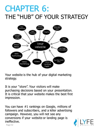 Your  website  is  the  hub  of  your  digital  marketing  
strategy.
It  is  your  “store”.  Your  visitors  will  make  
purchasing  decisions  based  on  your  presentation.  
It  is  critical  that  your  website  makes  the  best  first  
impression.
You  can  have  #1  rankings  on  Google,  millions  of  
followers  and  subscribers,  and  a  killer  advertising  
campaign.  However,  you  will  not  see  any  
conversions  if  your  website  or  landing  page  is  
ineffective.
CHAPTER  6:
THE  “HUB”  OF  YOUR  STRATEGY
Page	
  52
 